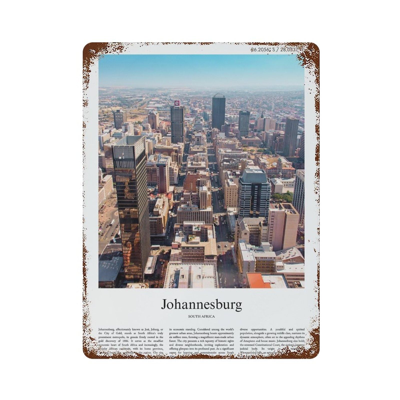 xiaoxiaoshen Johannesburg South Africa City Scenery Wall Decor Art Metal Tin Poster Modern Home Decor Art Home Bar Shop Decorations Vintage Sign 40x30cm