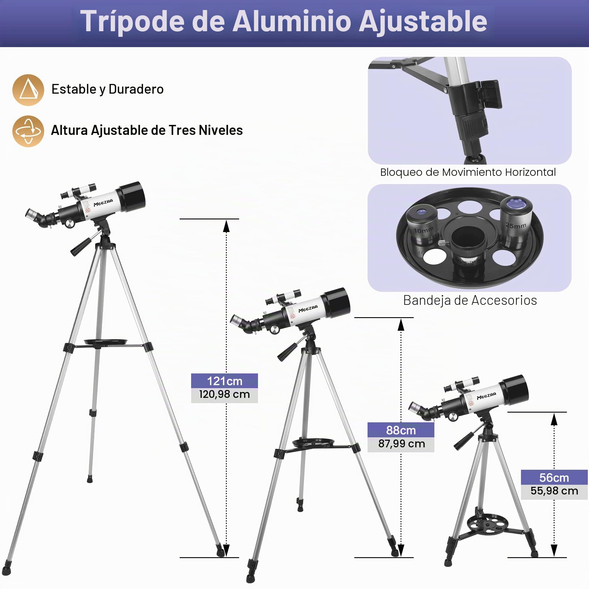 MEEZAA Telescopio Astronómico Profesional para Niños y Adultos, 70 mm Apertura Telescopio Refractor Astronómico para Principiantes, Telescopios de Viaje Portátil con Trípode, Adaptador de Teléfono