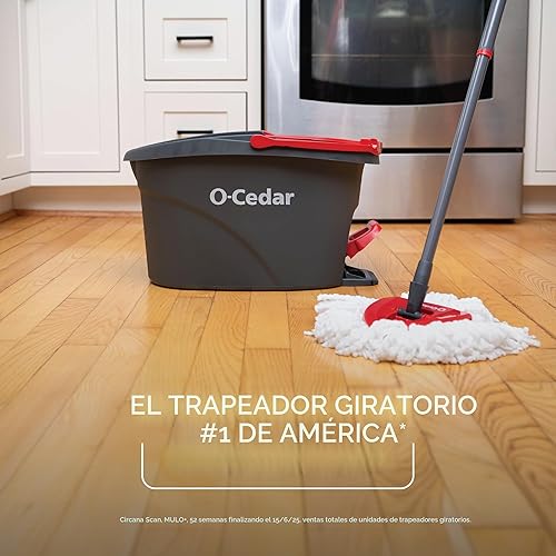 Vista 2 de O-Cedar Easywring - Sistema de limpieza de pisos con cubo y fregona giratoria de microfibra con 1 recambio adicional, Rojo / Gris