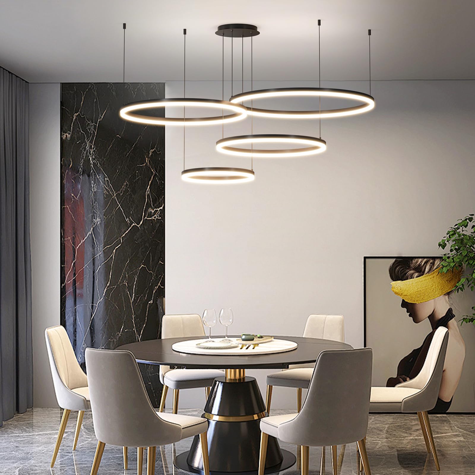 Mikeru Lampada a Sospensione Rotonda Con 4 Anelli, 30+40+60+80cm Moderna Lampada Da Soggiorno Con Luminosità Regolabile 10%-100% 3000k/4500k/6000k, Lampada a Sospensione per Ufficio/Sala