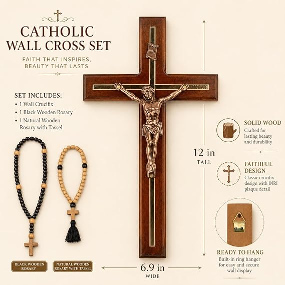 Woodvio Handmade Wooden Wall Cross with Metal Jesus Corpus, Traditional Catholic Crucifix for Wall, Christian Religious Gift with 2 Wooden Rosaries