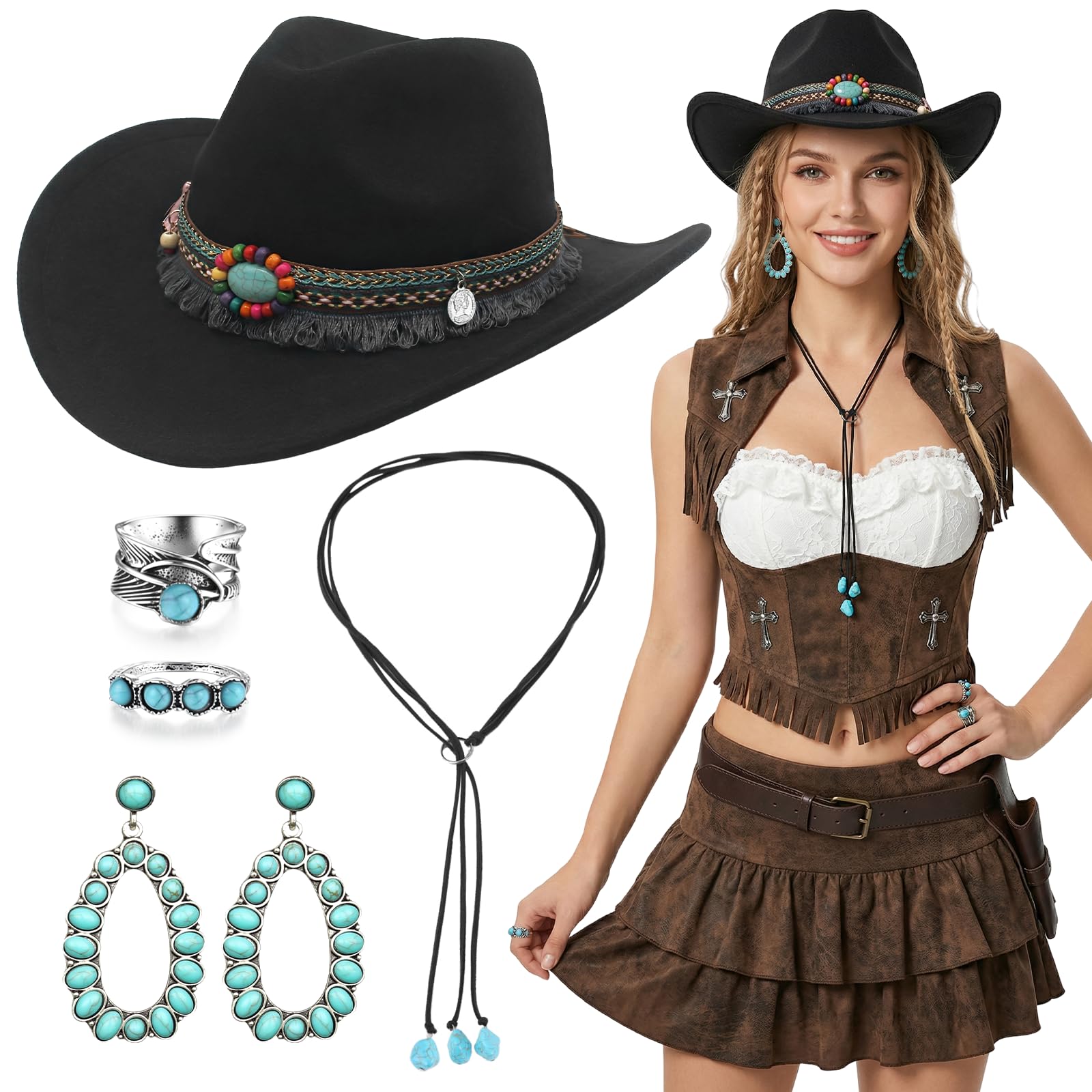 Lrrtdepy 5Pcs Western Cowboy Hat Set for Women Cowgirl Hat with Fringe Hatband Turquoise Necklace Earrings Rings Vintage Boho Western Outfit Accessories for Festival Rodeo Party (Black)
