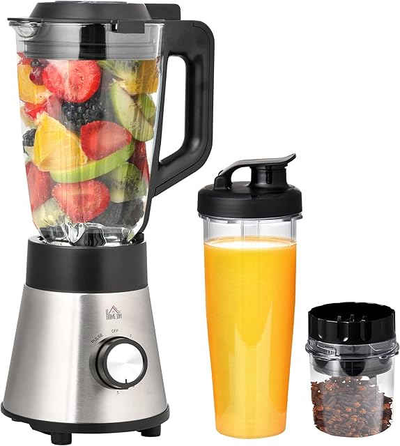 HOMCOM Blender Smoothie Maker, 900W Countertop Blender with 5 Speed Setting, Pulse Function, 1.5L Mix Cup, Portable Cup and Grinder for Ice, Fruit, Vegetable and Nut