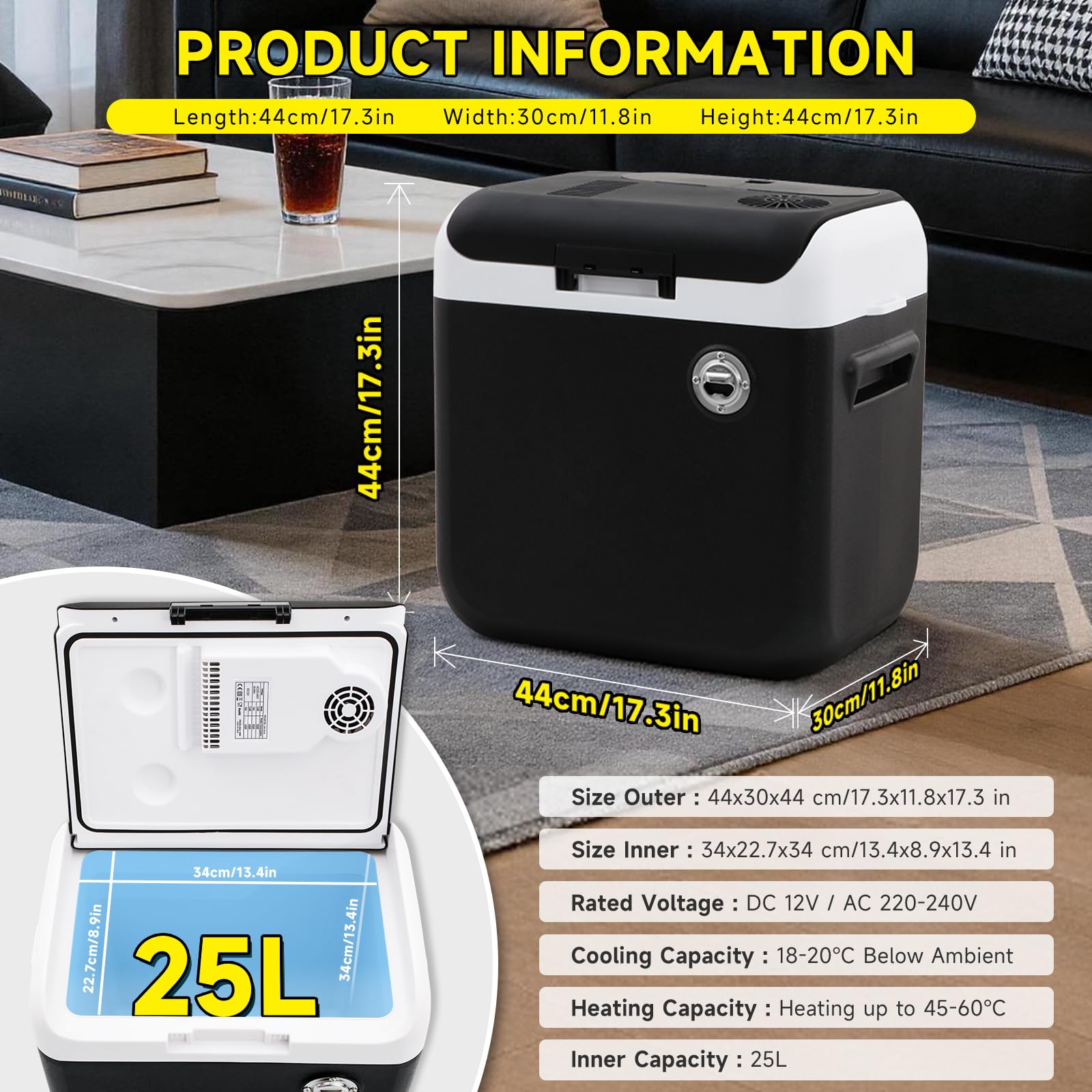 Nevera Portátil Electrica 24L –nevera coche 12/230 V, enfría & calienta (hasta 65°C), Modo ECO, para Coche, Camper y Camping