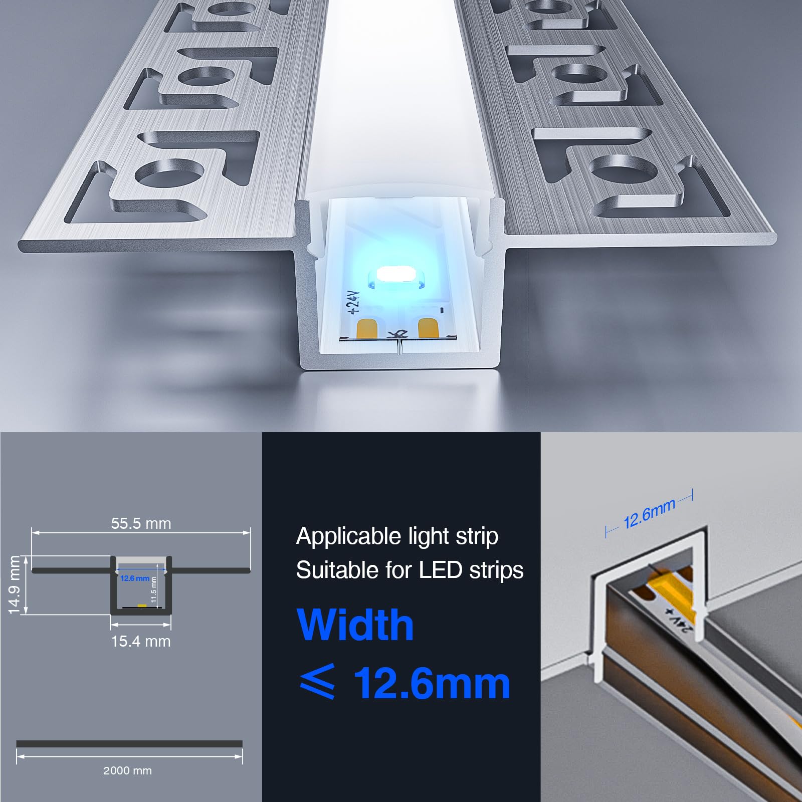 6 x LED Aluminium Profil 2 m (12 m) Led Trockenbau Profil led fliesenprofil für als 20 mm oder Dual Led Streifen/Led Leisten/Led Profil, with Milchig Weißer Abdeckung Endkappen - 55,5 x 14,9 mm