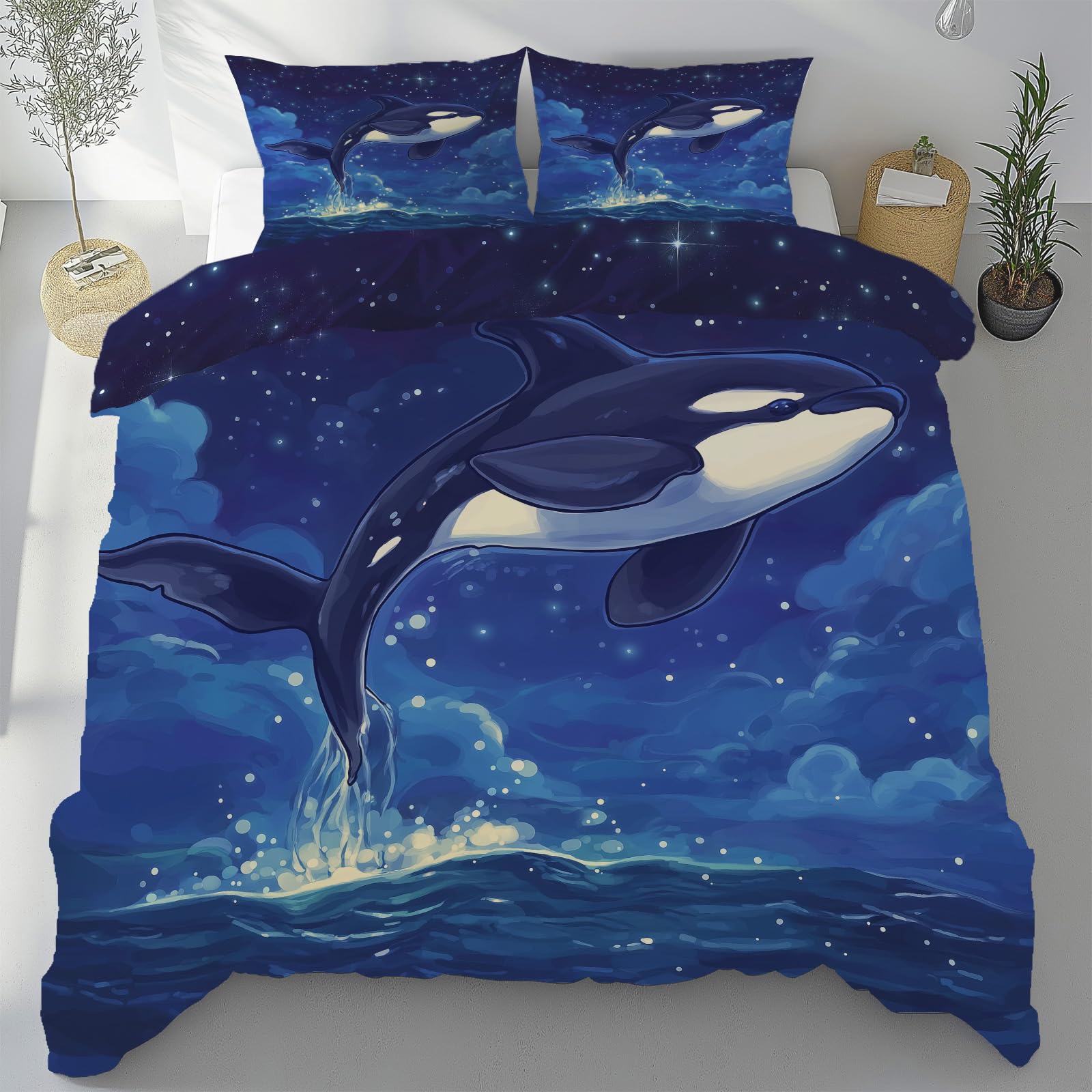 Parure de lit orques marins 240x260 cm en microfibre douce avec housse et taies