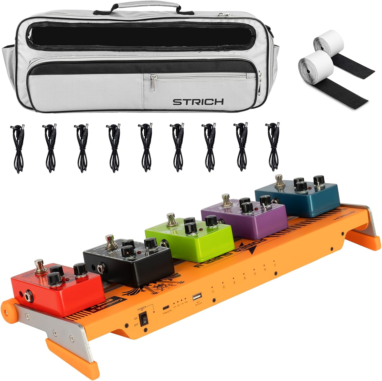 STRICH ComboFX Pedal Board with Built-in 10000mAh Battery and Power Supply, Works Without External Power, 18 x 5.8" Aluminum Pedal Board 2.2LB with Cables, Carry Bag and Hook Loop Strips