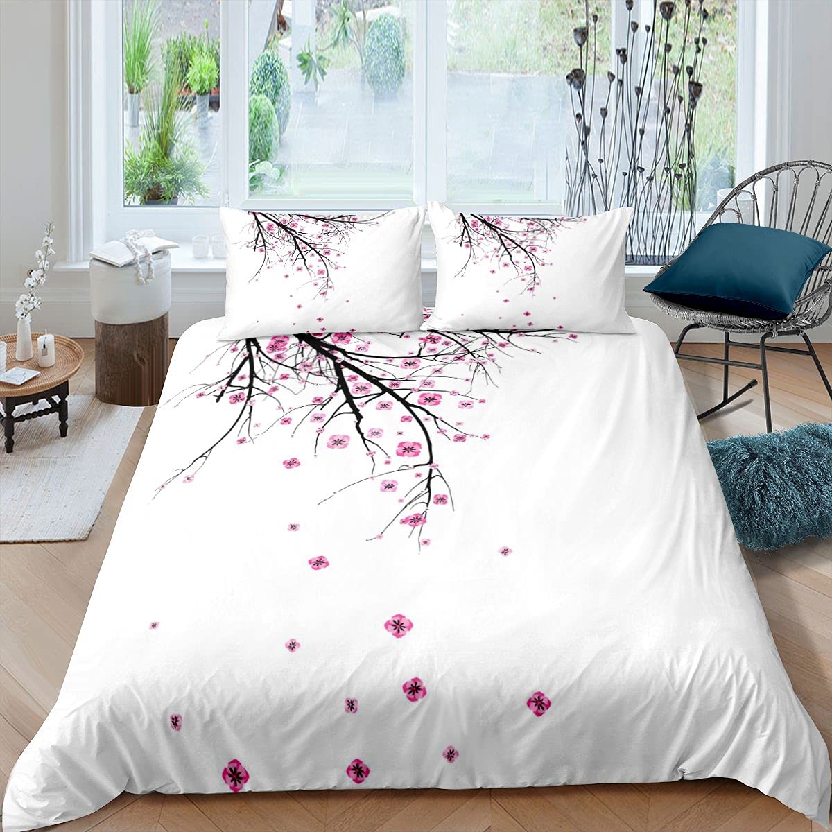 Loussiesd Pink Floral Duver Cover Set Cherry Blossom Bedding Set Blossom Flower Branches Quilt Cover with 1 Pillowcase 2Pcs Bedding Single โ image 1