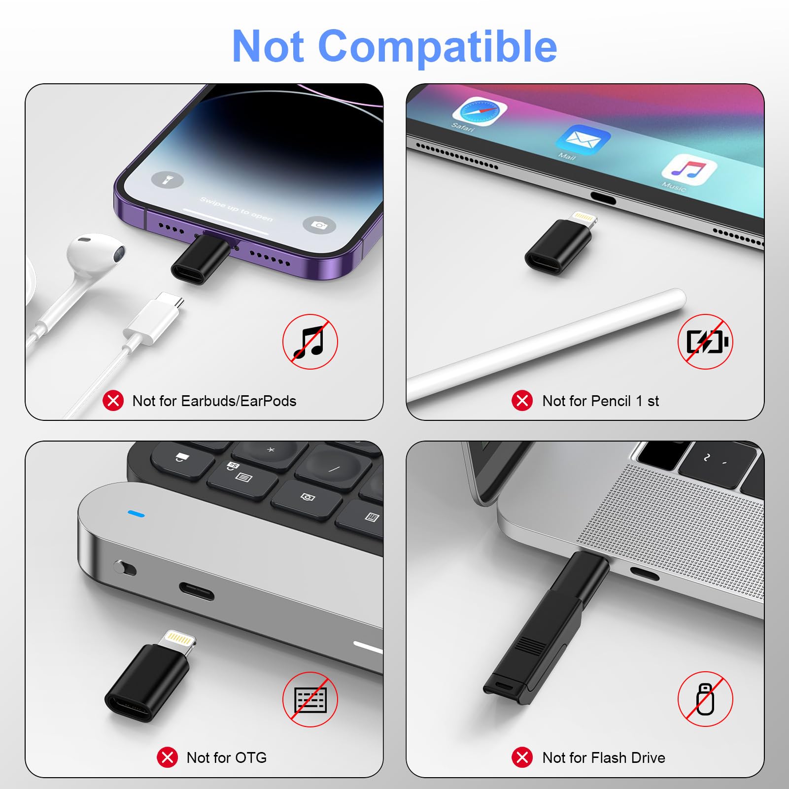 Adaptateur Lightning vers USB C Lot de 4, Charge Rapide et Transfert de Données pour iPhone 14 Pro Max 13 12 11, iPad AirPods