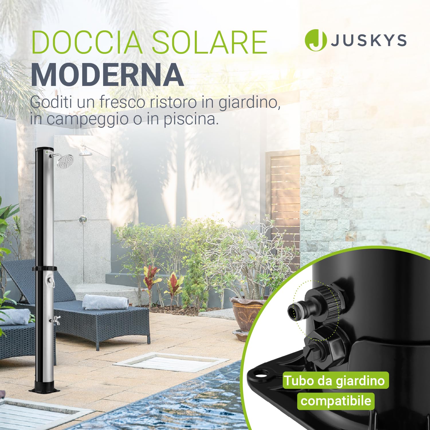 Juskys Doccia Solare Victoria 20/35 / 40 Litri - Fino a 60°C – con doccetta Girevole, Doccia per i Piedi e Collegamento per Tubo da Giardino Doccia da Giardino Doccia Esterna