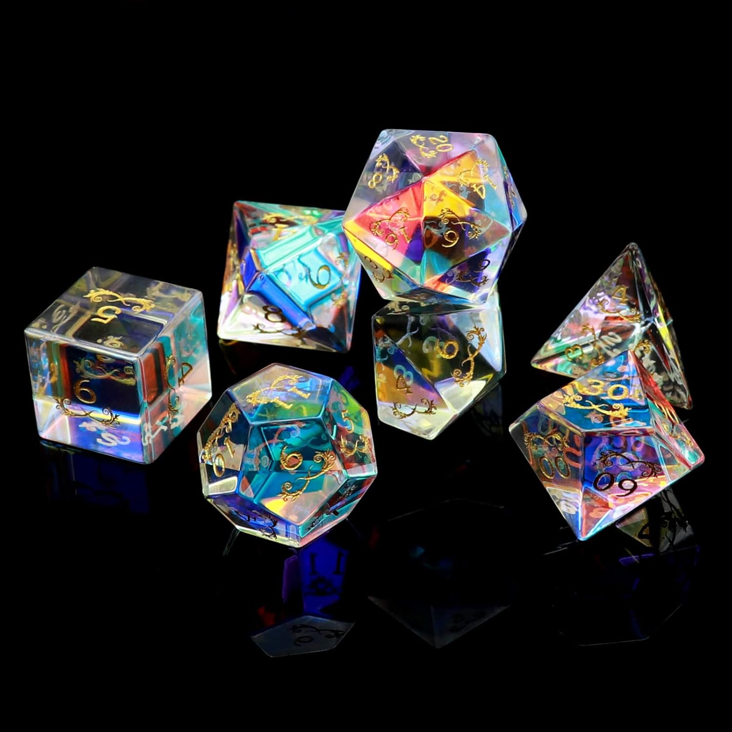 Haxtec Rainbow Glass Gemstone DND Dice Set with Dice Case 7PCS Polyhedral D&D Dice Compatible with Dungeons and Dragons RPG Roleplaying Dice Gifts