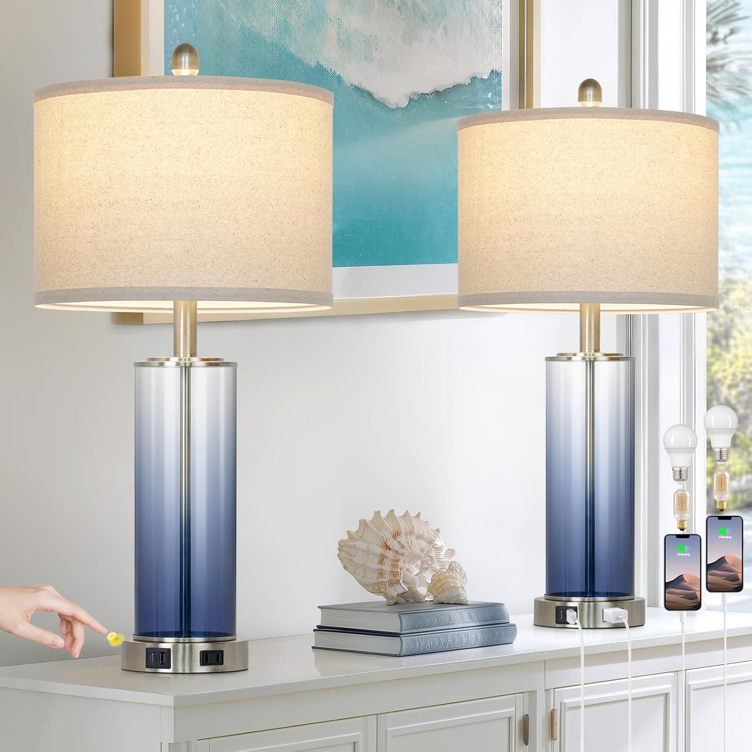 26" Coastal Blue Glass Table Lamps Set of 2, 3-Way Dimmable Touch Control Bedside Lamp with USB C+A Ports & AC Outlet, Modern Lamps for Living Room End Table, Nautical Bedroom Lamps for Nightstand