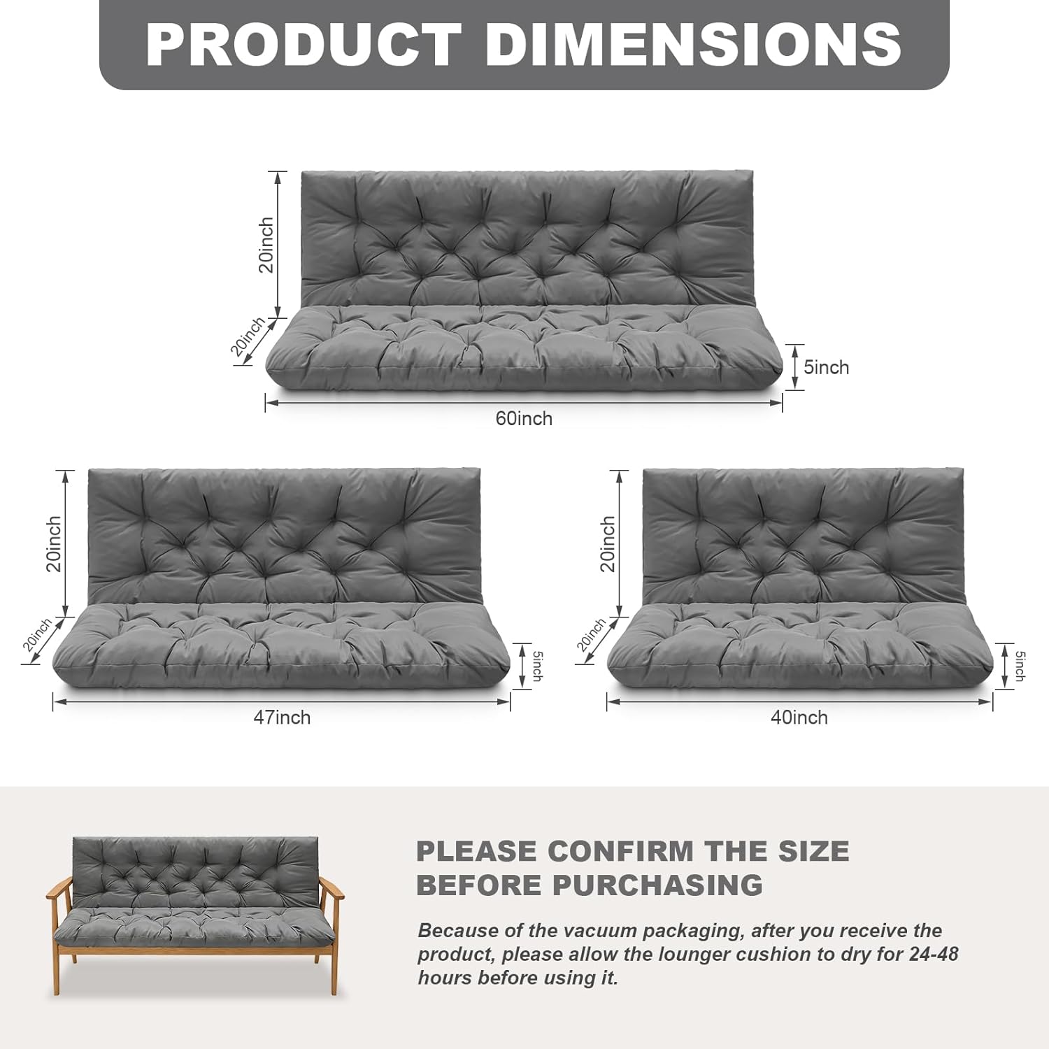 porch swing cushions,outdoor cushions 3 seater replacement with backrest, waterproof thickened bench cushion with ties for porch, patio,outdoor, backyard and garden (light gray 47 * 40 in) light gray 47x 40 inches