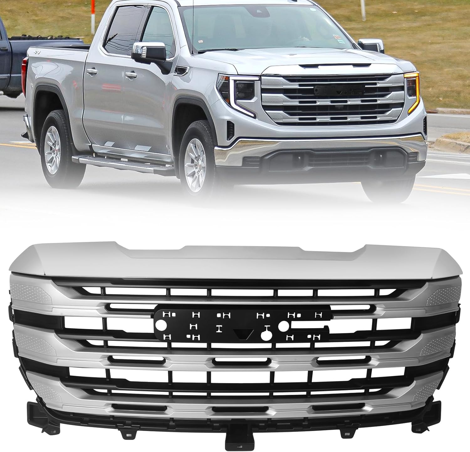 Black 2pcs Grille Compatible with GMC Sierra 1500 SLE/Pro/Elevation 2022 2023 2024 Hood Mesh Front Bumper Upper Grill + Upper Grille Cover 84878061