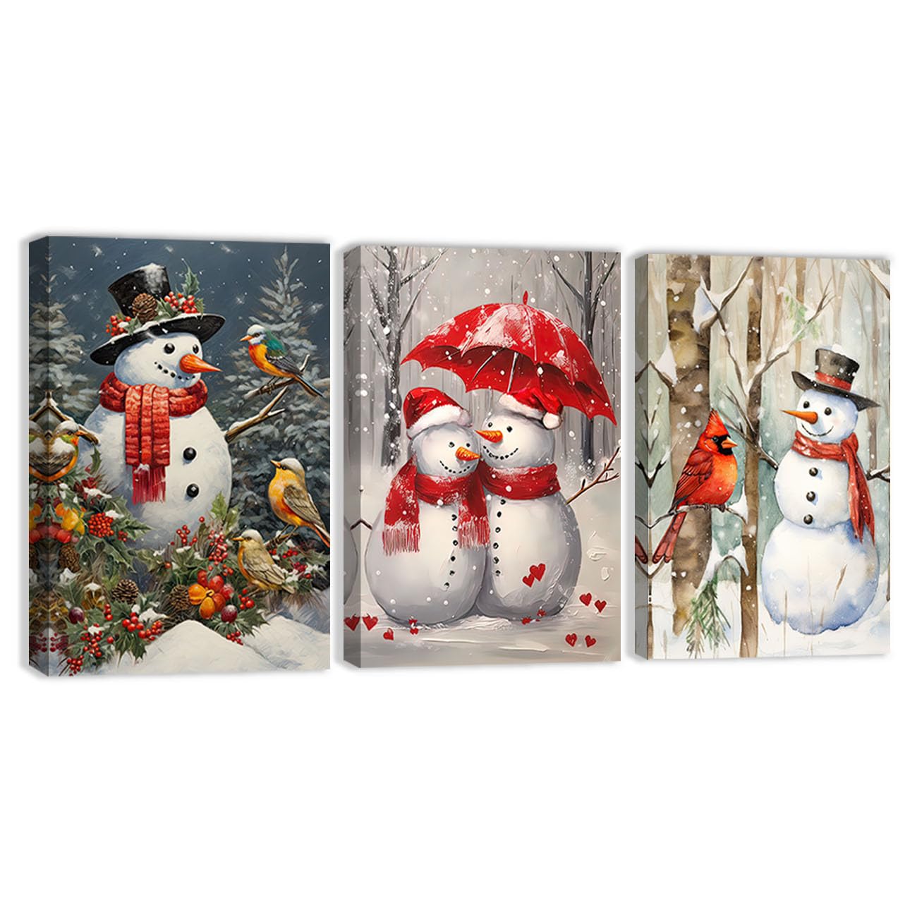 QIXIANG Lot De 3 Panneaux Sur Toile Bonhomme De Neige De Noël – Décoration Murale Rustique Pour Couple De Bonhomme De Neige – Peinture D'hiver Rustique Avec Cadre (30,5 X 40,6 Cm