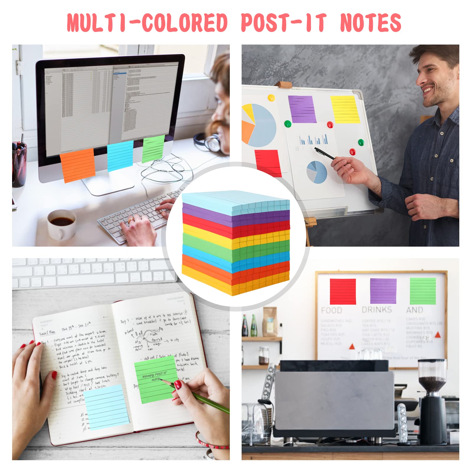 64 Stück linierte Haftnotizen, 7,6 x 7,6 cm, selbstklebende Notizen mit Linien, hell liniert, Haftnotizen, selbstklebende Memo-Papiere mit Linien für Büro, Zuhause, Schule, Meetings (64)