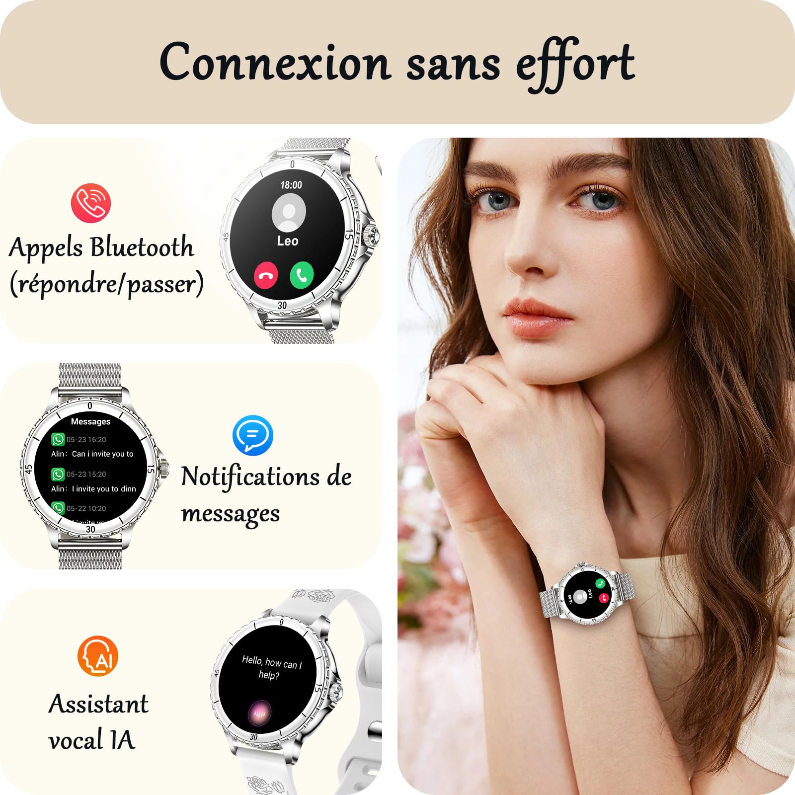 Montre Connectée Femme avec Appel Bluetooth, 1,27" Smartwatch avec Fréquence Cardiaque/SpO2/Sommeil Montre, 120+ Mode Sportifs Montre, IP68 étanche Fitness Podomètre Compatible pour Android iOS