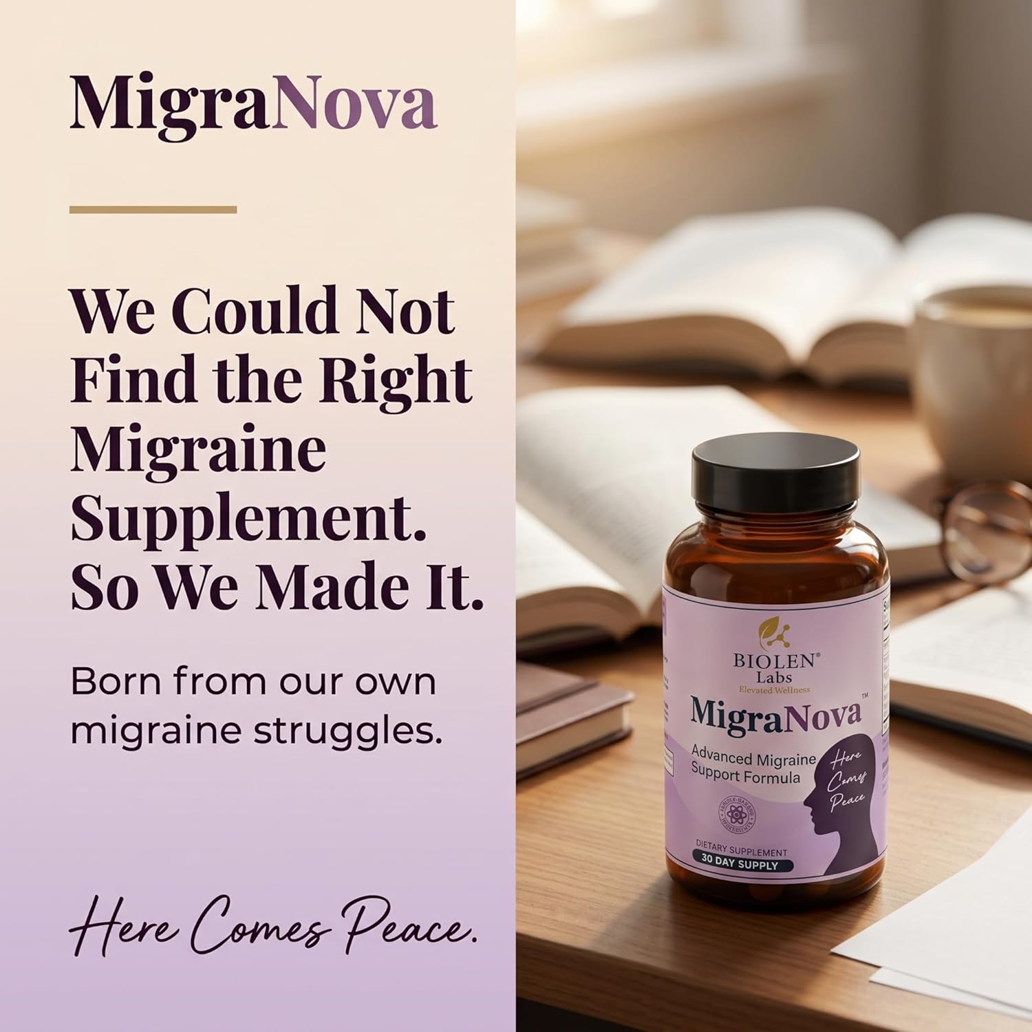 MigraNova - Migraine Relief & Daily Prevention for Migraine Sufferers — Magnesium & Riboflavin B2 + NeuroCalm Blend with Feverfew, CoQ10, L-Theanine & Ginger, Vegan, Non-GMO, USA Made, 60 Capsules