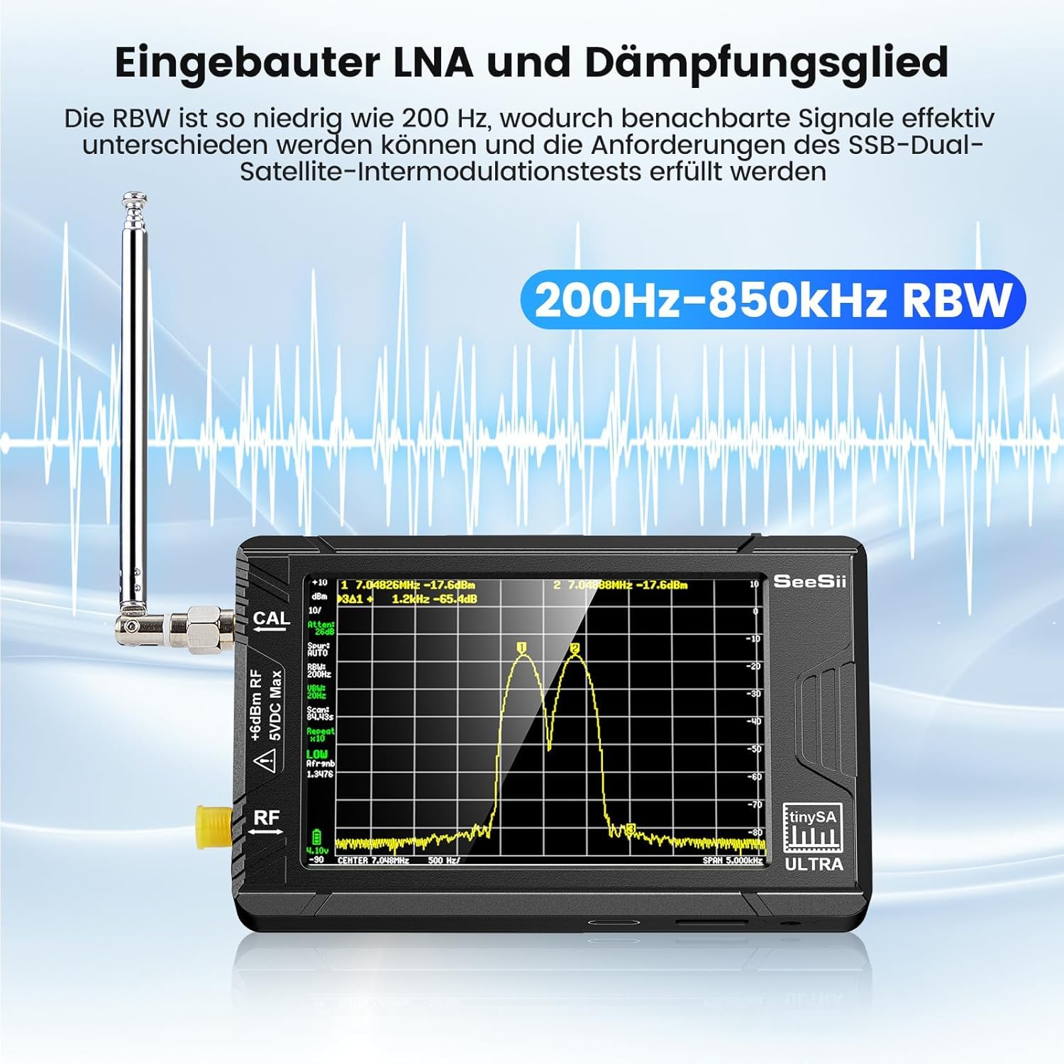 SeeSii TinySA Ultra Spektrumanalysator mit 50W Dämpfungsglied, 4,0 Zoll Frequenzanalysator 100 kHz- 5,3G Hz, 2-in-1 Signalgenerator 100 kHz - 800 MHz MF/VHF/HF UHF Eingang mit 32 GB Speicherkarte