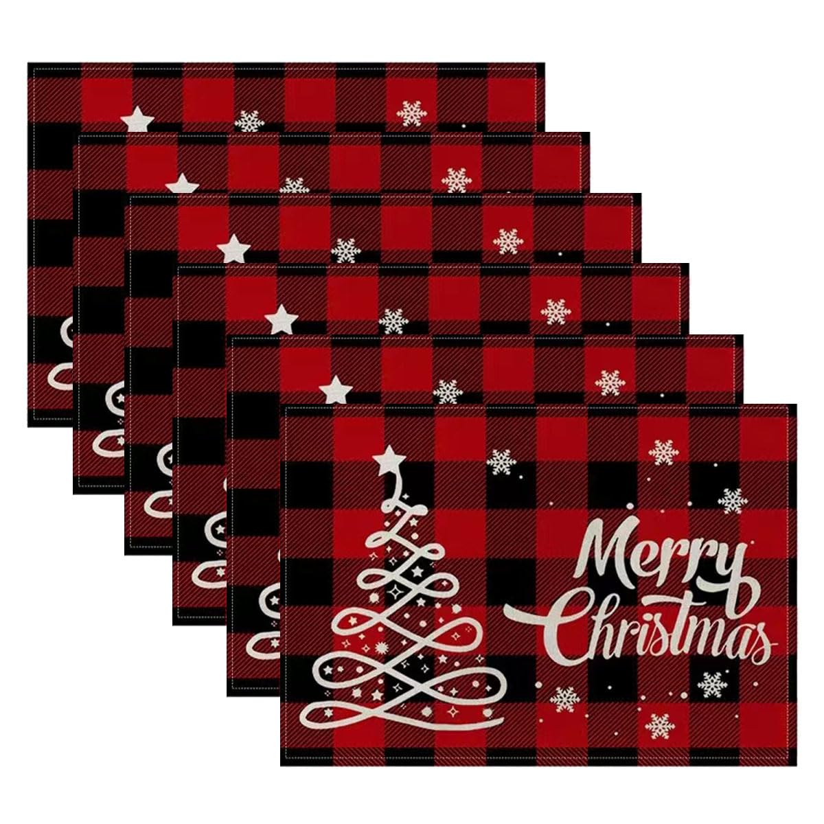 Set of 6 Christmas Placemat Merry Christmas Red Plaid Placemats Xmas Table Placemats Holiday Dinner Table Party Winter Decorations 12x18 Inches (Grey)