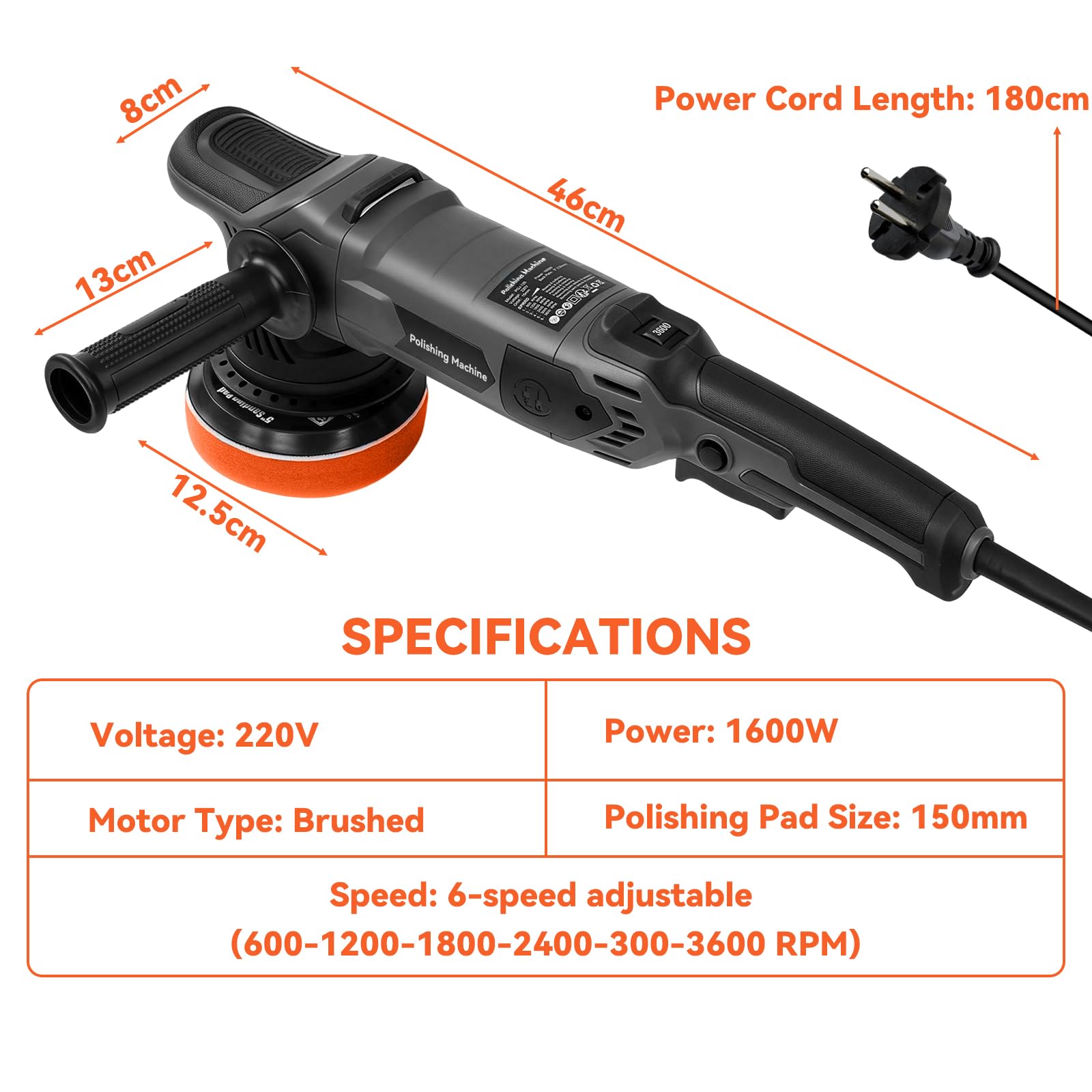 1600W Lucidatrice Rotorbitale con Filo, Orbita 15mm Platorello 150mm, 6 Velocità 600-3600 RPM, Kit Lucidatura Auto con 6 Tamponi per Carrozzeria, Maniglia a D e Maniglia Laterale