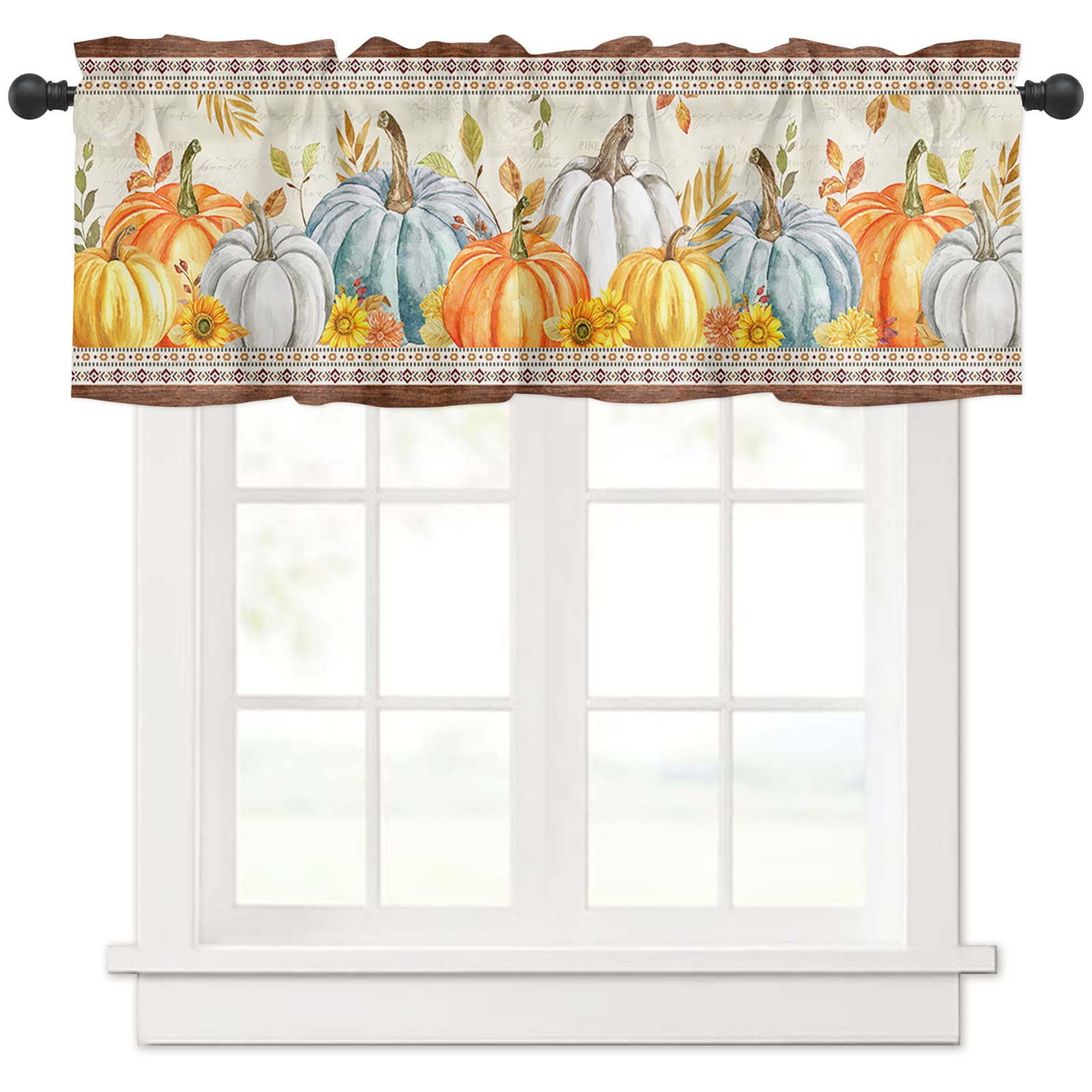 Farmhouse Fall Valance Curtains for Living Room, Pumpkin Valances for Kitchen Windows, Thanksgiving Rod Pocket Window Valance Orange Window Treatment for for Bathroom Bedroom 54x18inch, Washable
