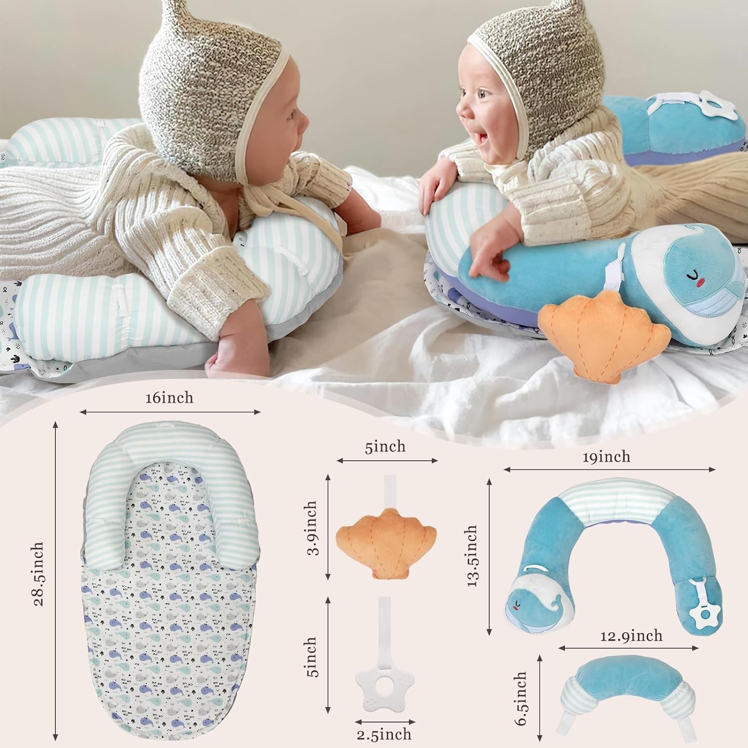 Foryoomi 4 in 1 Tummy Time Mat with Educational Cards, Play Mat & Sitting Support for Newborn 0-12 Months, Infant Baby Sit Me Up Floor Seat, Sensory Skills Gifts, Blue Whale