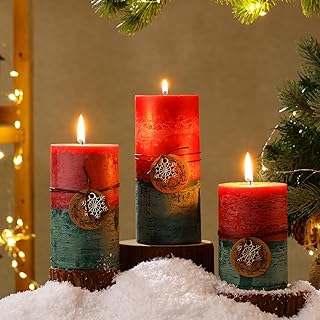 Set of 3 Card Christmas Pillar Candles Decorative Red and Green Pillar Candles with Ornaments Clean Burning for Christmas Decor Party Room, 3 Sizes