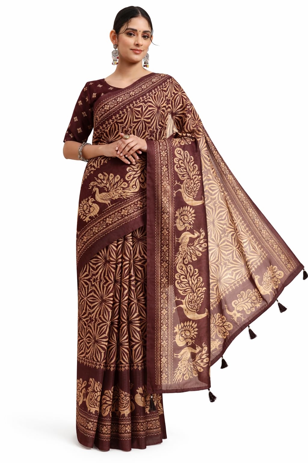 Women’s Maroon & Gold Printed Khadi Silk Saree with Peacock & Traditional Motifs | Designer Festive Saree with Blouse Piece-picture-40