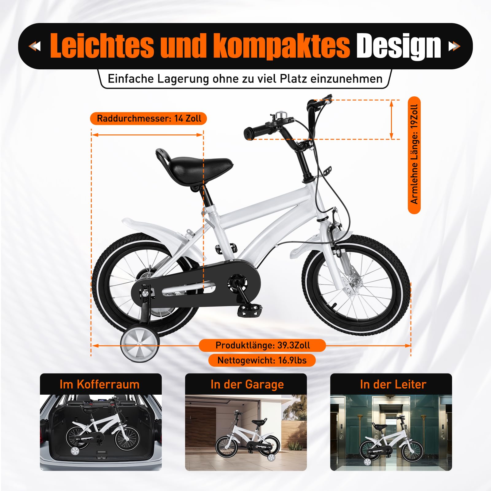 Kinderfahrrad 12/14 Zoll - Fahrrad Kinder mit Abnehmbaren Stützrädern, Verstellbarem Sattel & Lenker, Robust für Park und Spielplatz, ab 3 Jahre für Jungen und Mädchen, Weiß