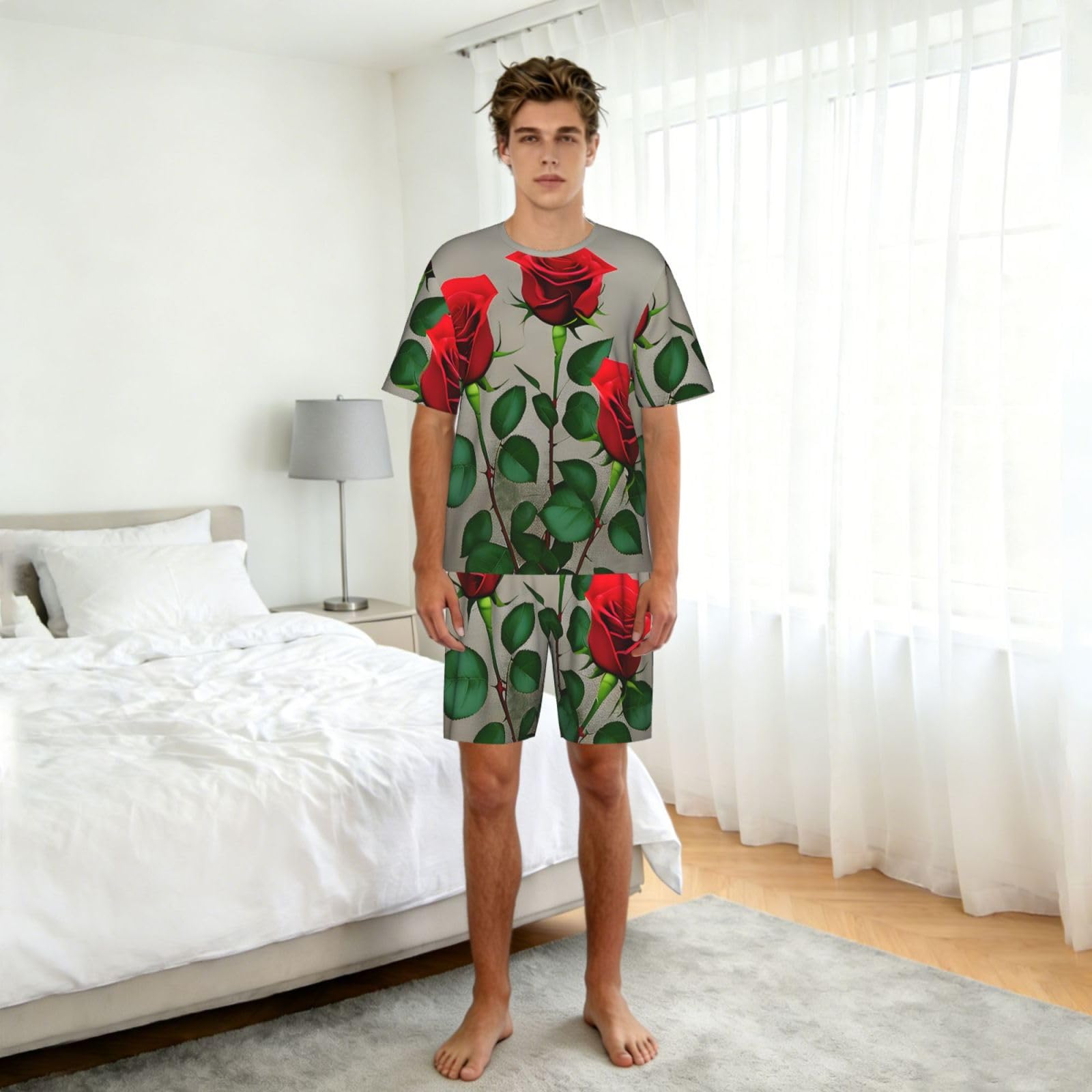 Conjunto de pijama clásico para hombre con estampado de rosas rojas, pantalones cortos de pijama suaves para hombre, perfecto para las noches de verano