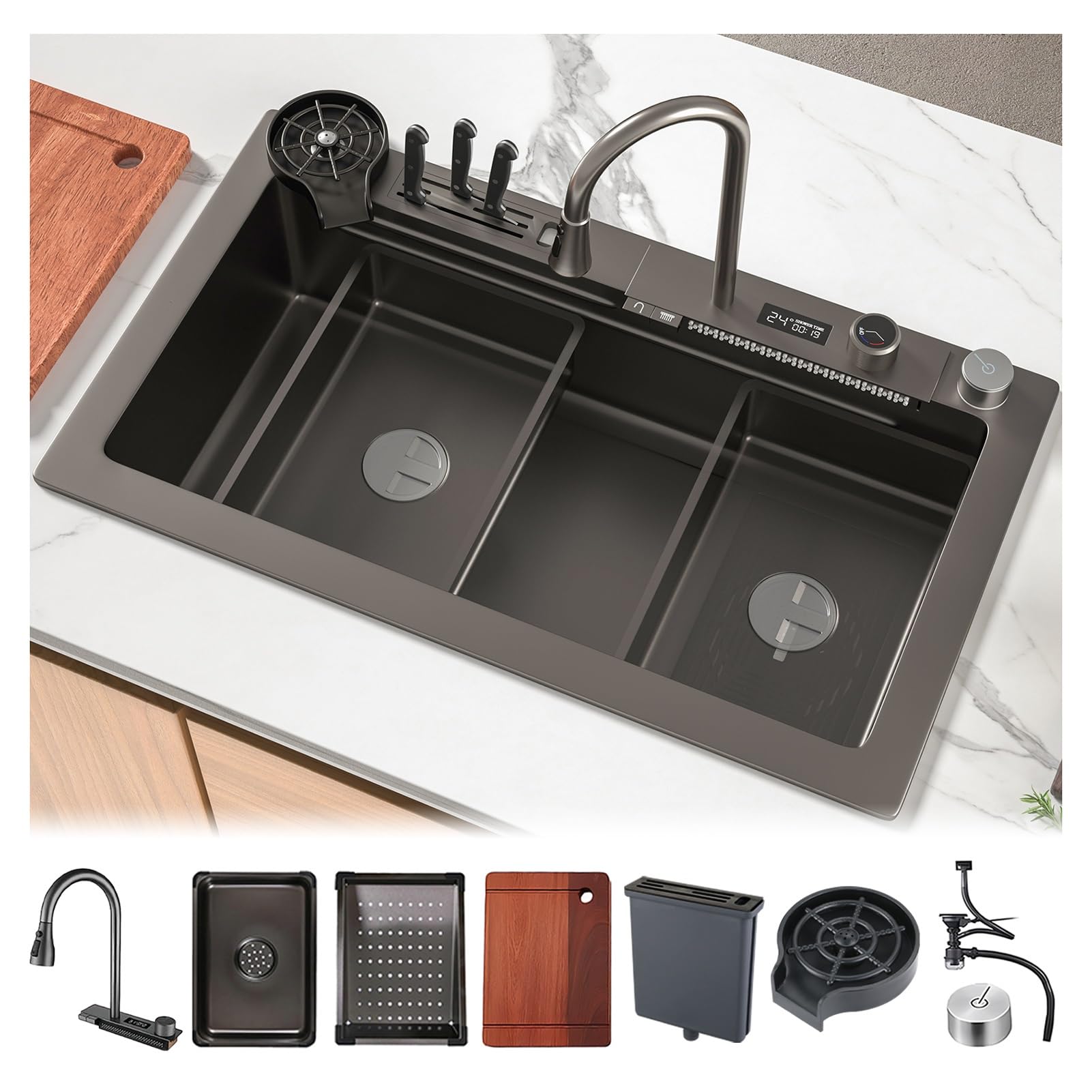 HYSOPSPX Stainless Steel Waterfall Kitchen Sink - Large Single Bowl, Multifunctional Topmount Bar with Integrated Faucet & Complete Accessories(Black-C,80x45cm)