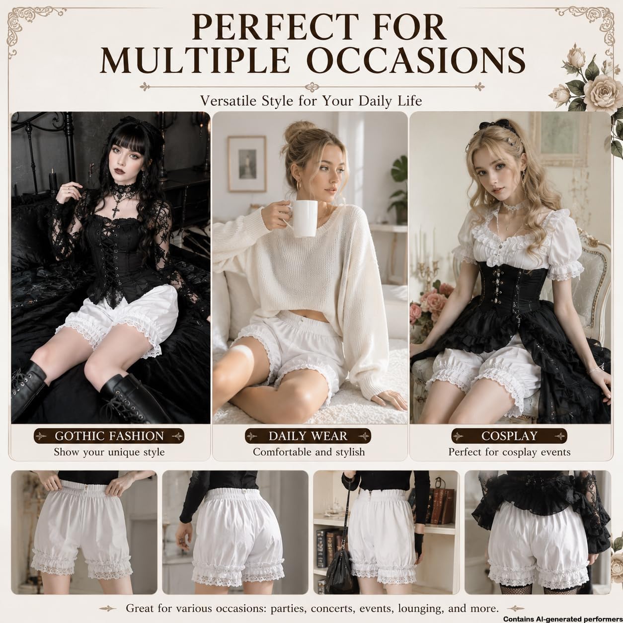 Sheface Women's Cotton Lace Hem Lolita Bloomers Pumpkin Pants Elastic Waist Shorts