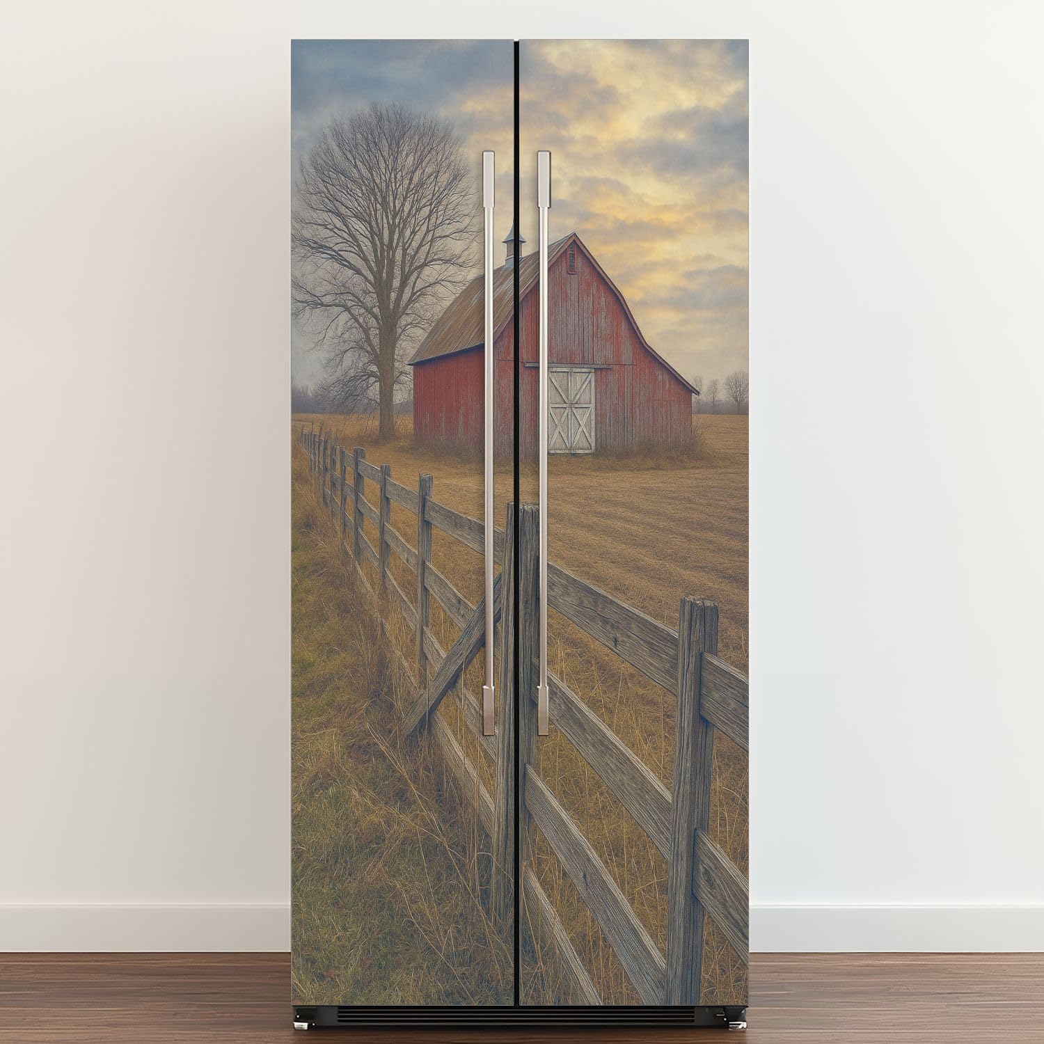 Self Adhesive Vinyl Refrigerator Wrap Rustic Farmhouse Vintage Barn Country Field Landscape Rustic Barn Open Door Mural Sticker Peel and Stick