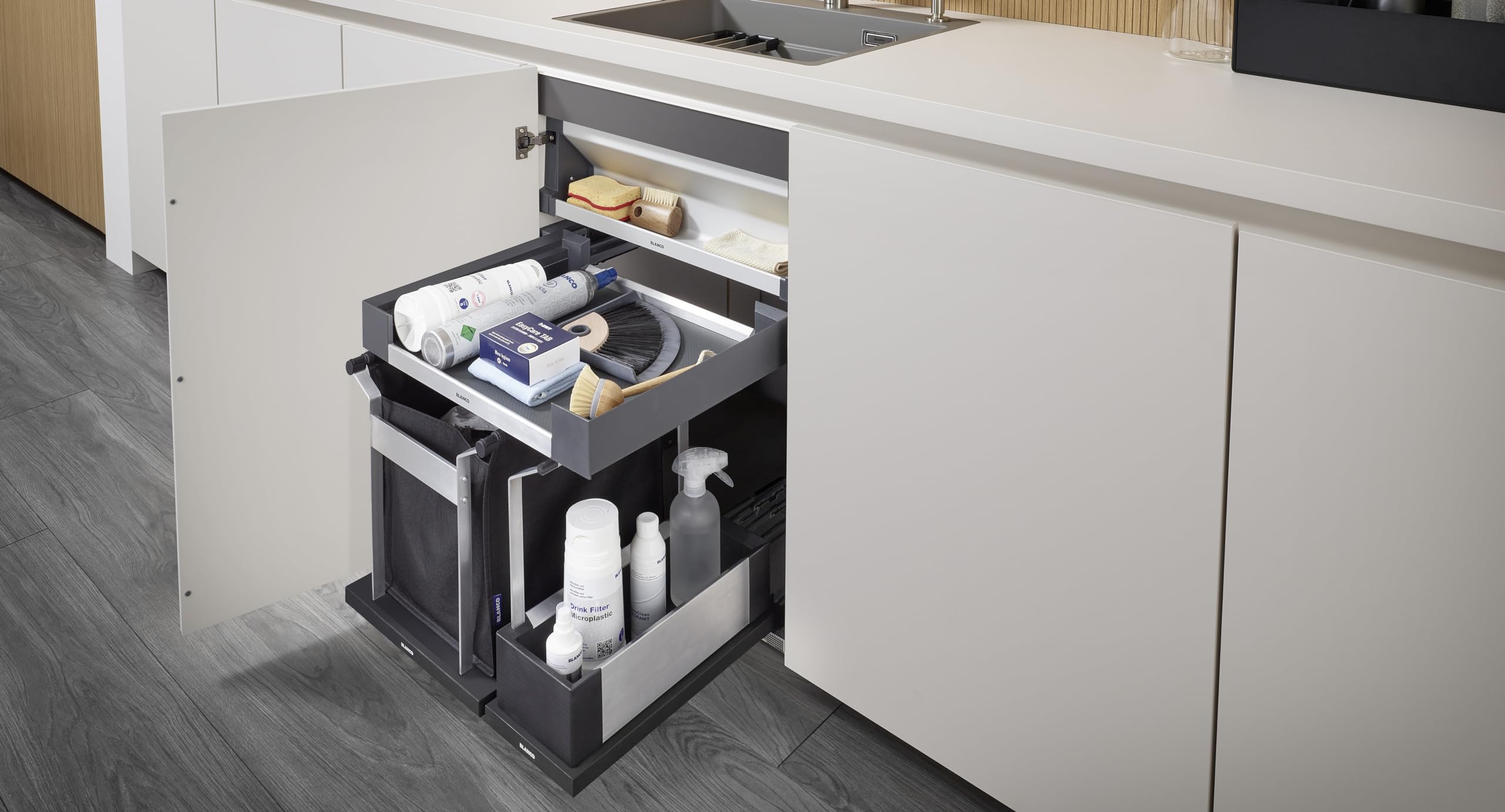 BLANCO Flat Drawer 60 - Puerta giratoria (plástico, aluminio, chapa de acero, armario inferior de 60 unidades, almacenamiento de accesorios para fregadero, utensilios de limpieza, rollos de bolsas de
