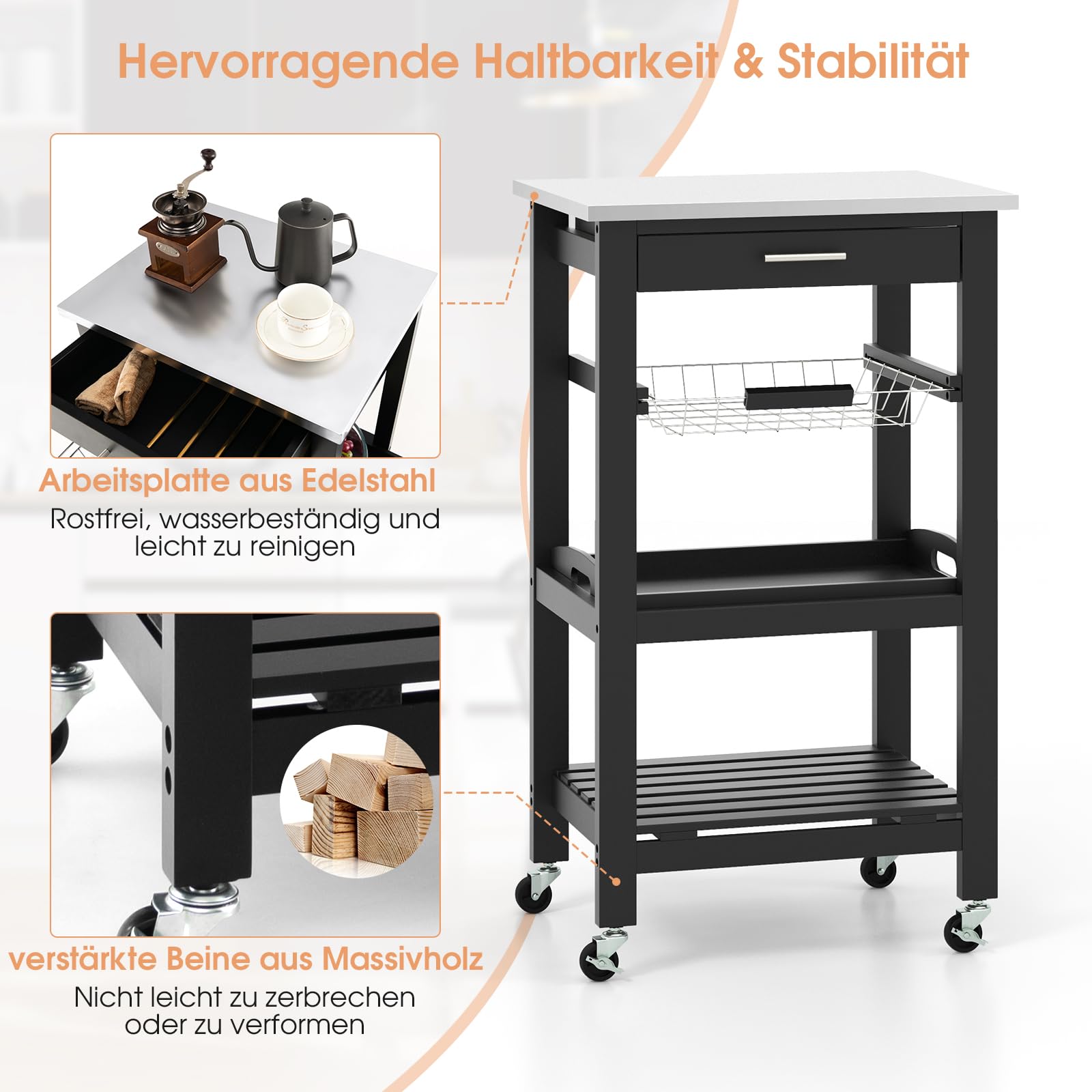 COSTWAY Kleiner Küchenwagen, Servierwagen auf Rollen, Küchenregal mit Arbeitsplatte aus Edelstahl, Schublade & Korb, Rollwagen Küche, Kücheninsel Küchentrolley, 47 x 39 x 85 cm (Schwarz)
