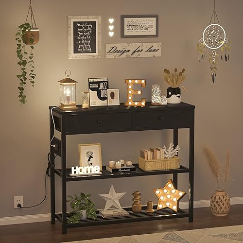 Miniatura 33 de Ecoprsio Mesa de entrada de 47 pulgadas con salidas y puertos USB, mesa consola con 3 cajones, mesa de sofá estrecha larga con estantes de Marrón