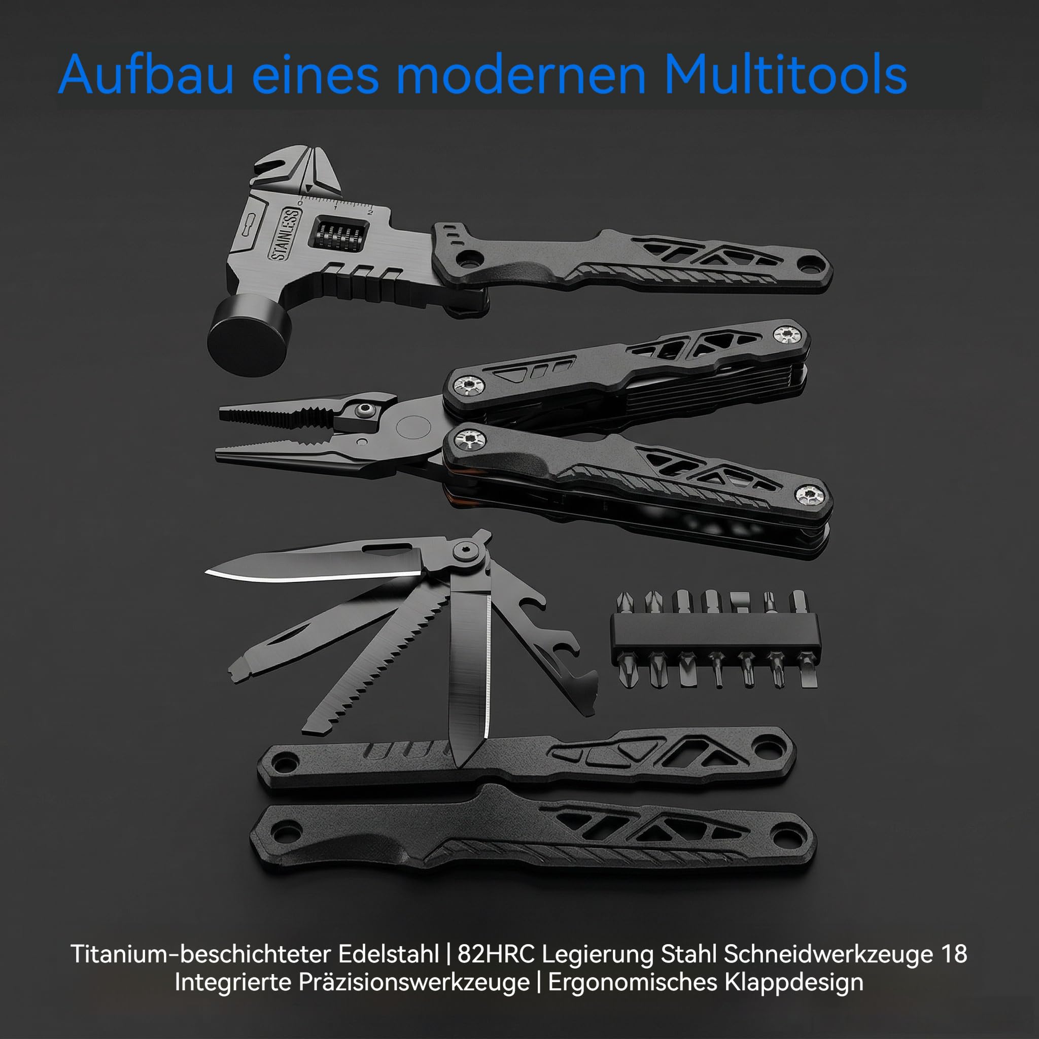 18 in 1 Multifunctional Wrench Hammer 60tools, Multifunktionswerkzeug Mit Hammer, Zange, Taschenmesser & Säge – Kompaktes Multi Tool Für Outdoor, Camping, Wandern, DIY (Blau)
