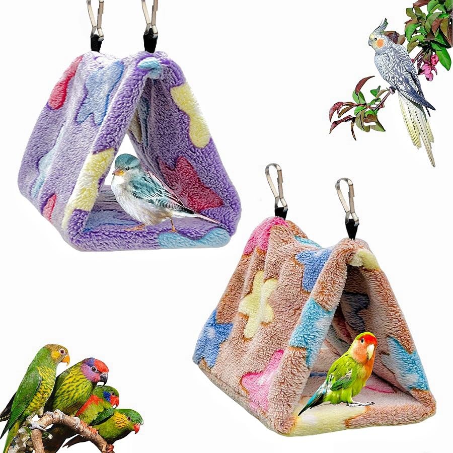 Magnoloran 2 Pack Bird Nest Plush Snuggle Bird Hammock Hanging Bird Cave Parrot Sleeping Bed Shed Hut Hanging Tent for Budgies Finch Parakeet Cockatiel Cockatoo Lovebird-Star Pattern (Brown&Purple)