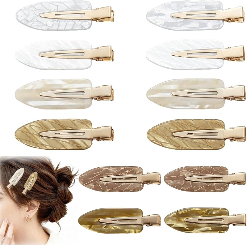 12Pcs No Crease Creaseless Hair Clips No Bend Flat Clips for Styling Non Slip Makeup Hair Accessories for Women (White Gold)