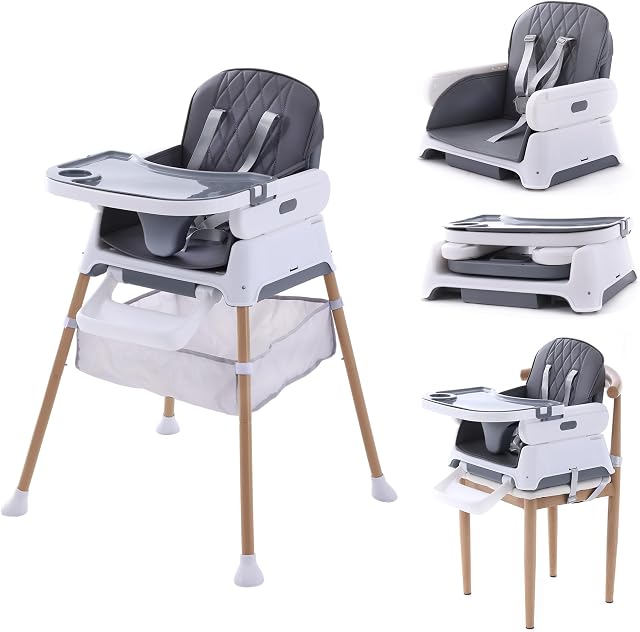 3 in 1 Baby High Chair & Booster Seat, Adjustable Compact Infant Feeding Chairs for Babies and Toddlers, Convertible High Chair with Secure Harness (Dark Gray)