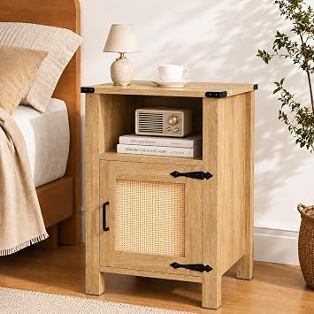 Miereirl Rattan Nightstand with Storage Cabinet, Boho Farmhouse, Natural
