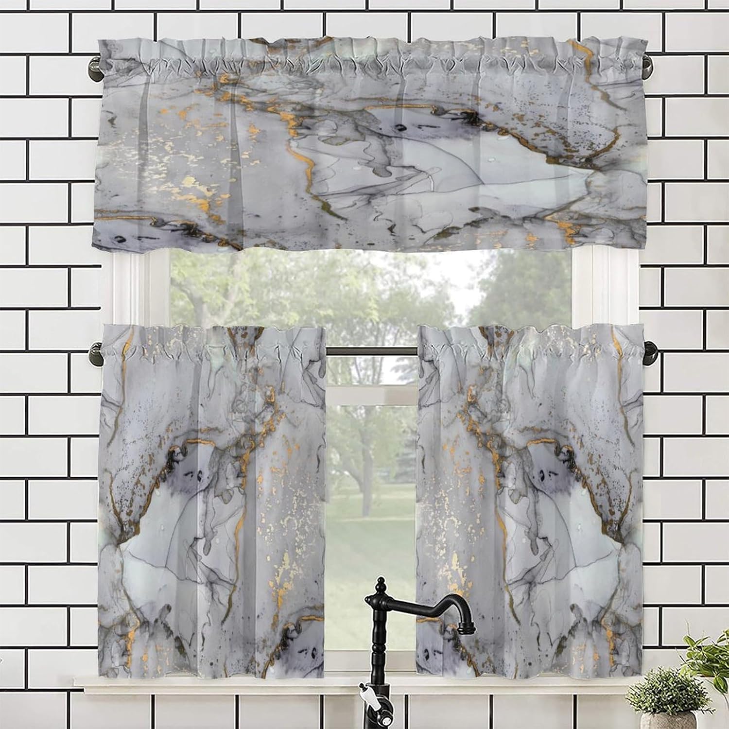 Watercolor Gray Marble Kitchen Valances Set Tier Curtains,Retro Farmhouse Luxury Ink Gold Foil Texture Marble 3 Piece Set Rod Pocket Window Drapes for Bedroom,1 Valance(54"x18")+2 Tiers(27.5W x24L)