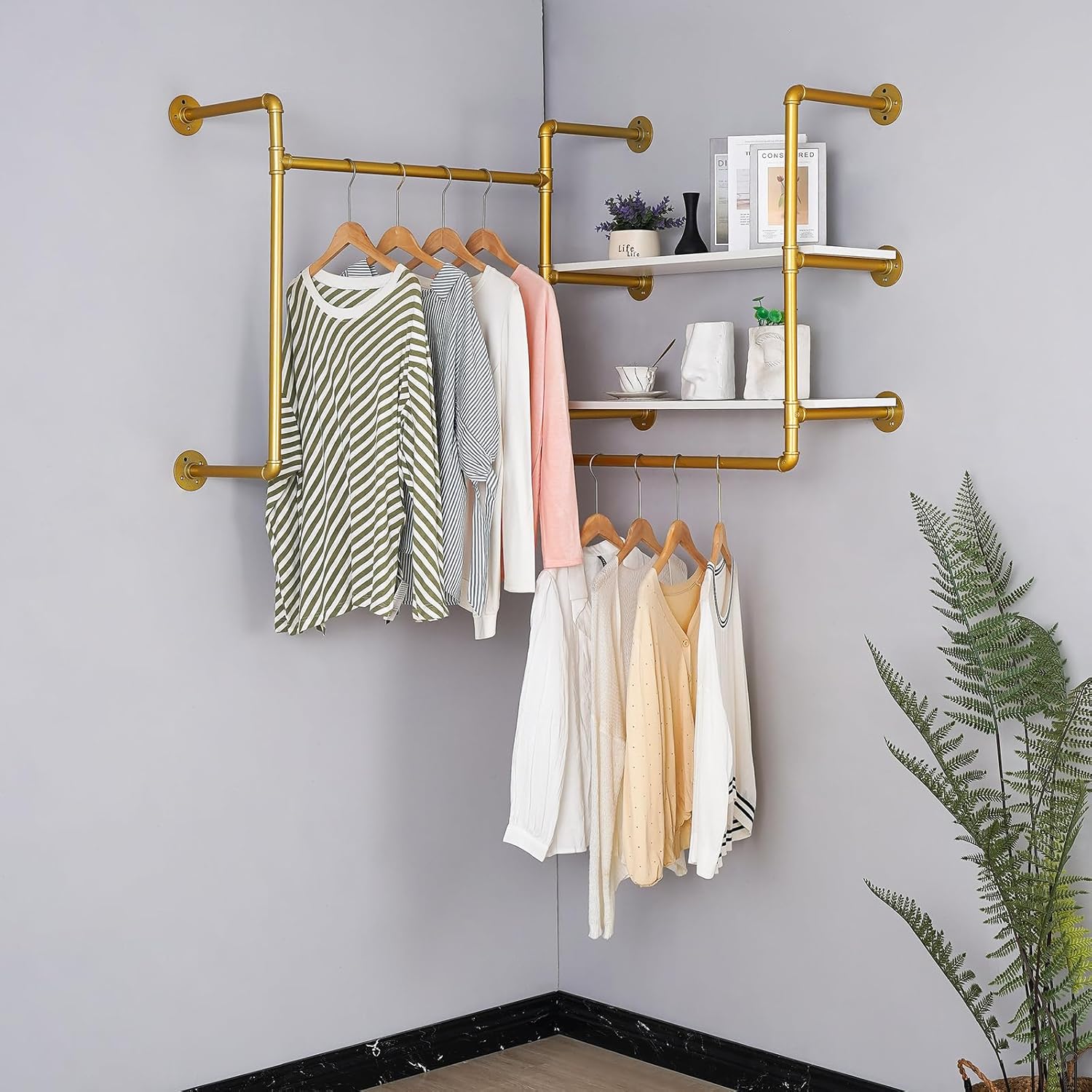 Industrial Pipe Wall-Mounted Clothing Rack with 2 Wood Shelves - Heavy Duty Double Rod Metal Garment Organizer for Bedroom/Retail Stores, Gold (30H×12.5D×59W inch)
