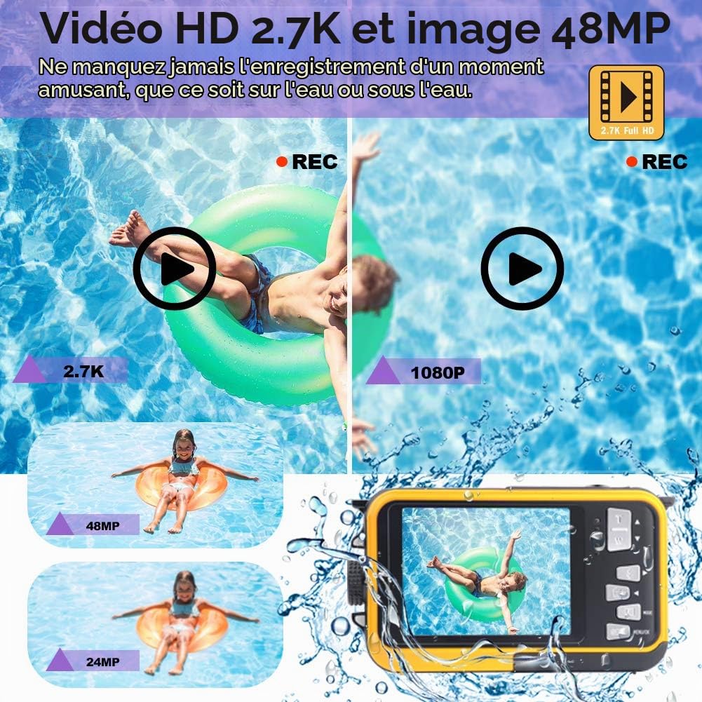 Appareil Photo Etanche Numérique Full HD 2.7K 48MP Camera Etanche pour la plongée en apnée Camera sous Marine à Double écran avec Retardateur et Zoom Numérique 16X