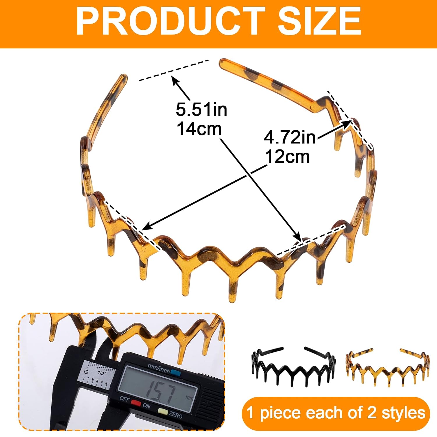 2 Pcs Wavy Comb Headband, Non Slip Zig Zag Headbands, High Cranium Headband with Teeth, Comfortable Comb Headbands for Women (Black & Amber) image 2