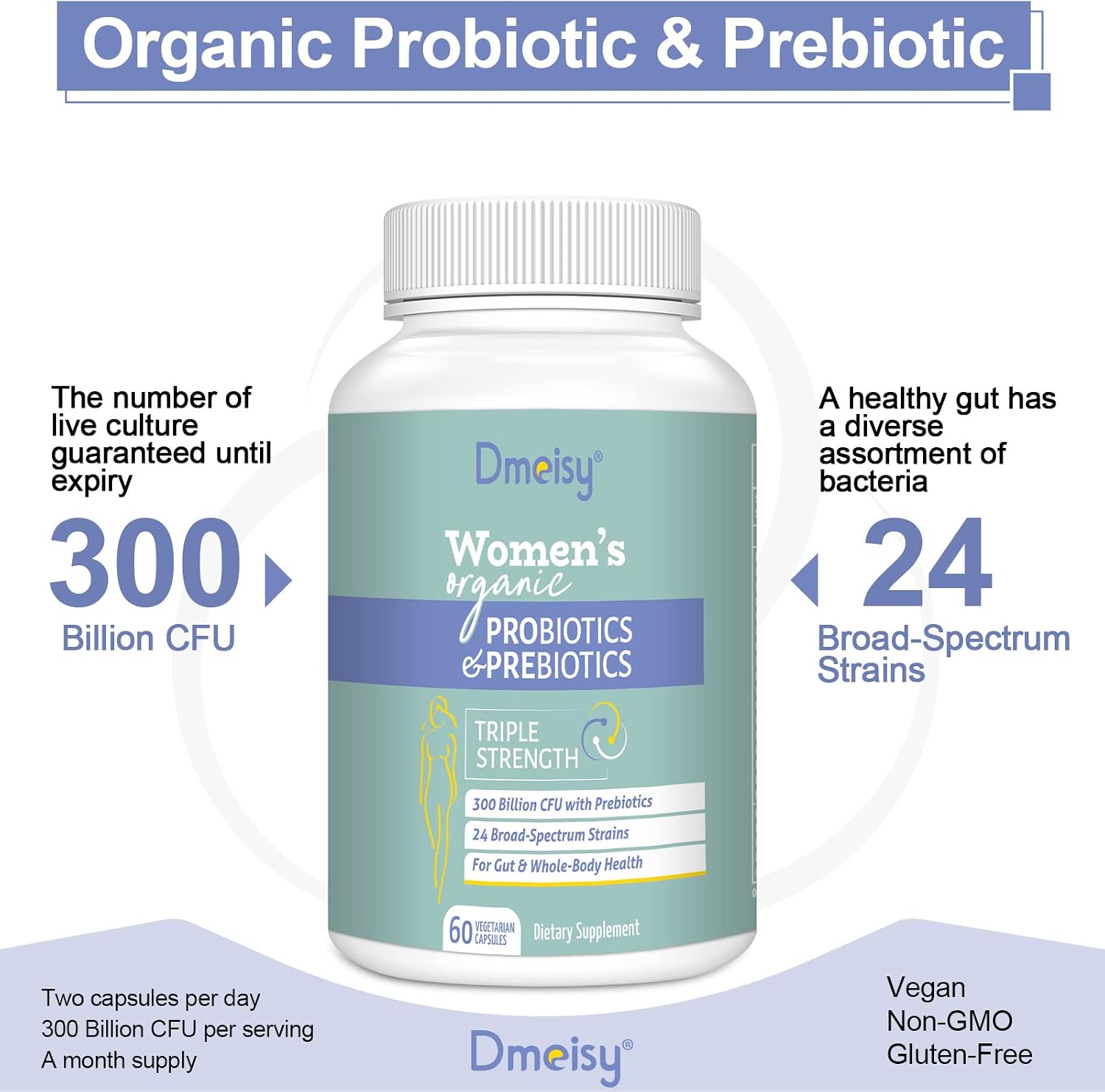 Probiotics for Women, 300 Billion CFU 24 Strains Probiotics with 15 Organic Prebiotics Shelf Stable Probiotic for Overall Digestive Gut Health, Immune Gas Bloating - 120 Count (2 Months Supply)