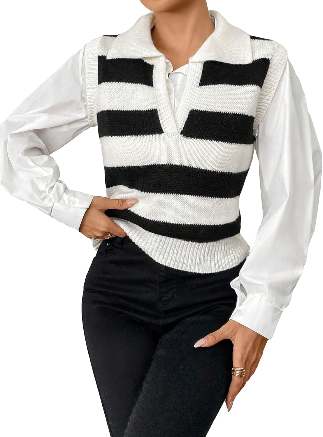 WDIRARA Women's Striped Notched V Neck Sweater Vest Stretch Collared Casual Sleeveless Sweater Tops
