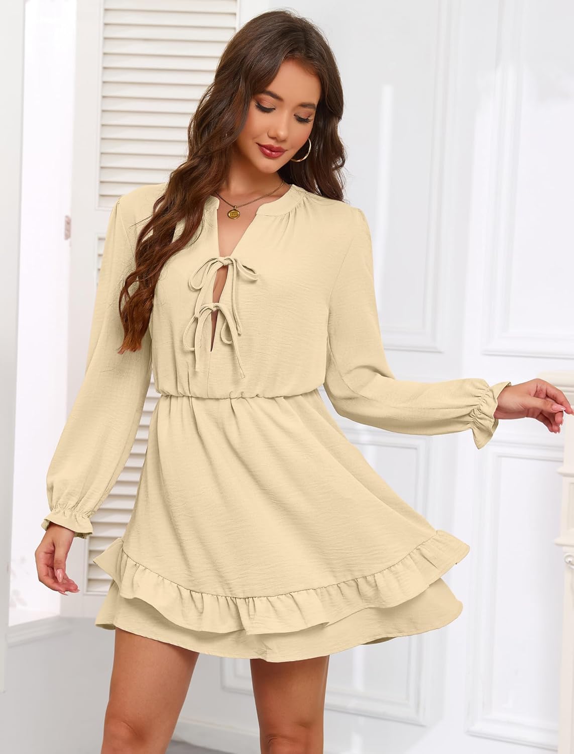 Angashion Womens Tie Front Mini Dress: V Neck Long Sleeve Layer Ruffle Hem Dress with Pockets - Image 3