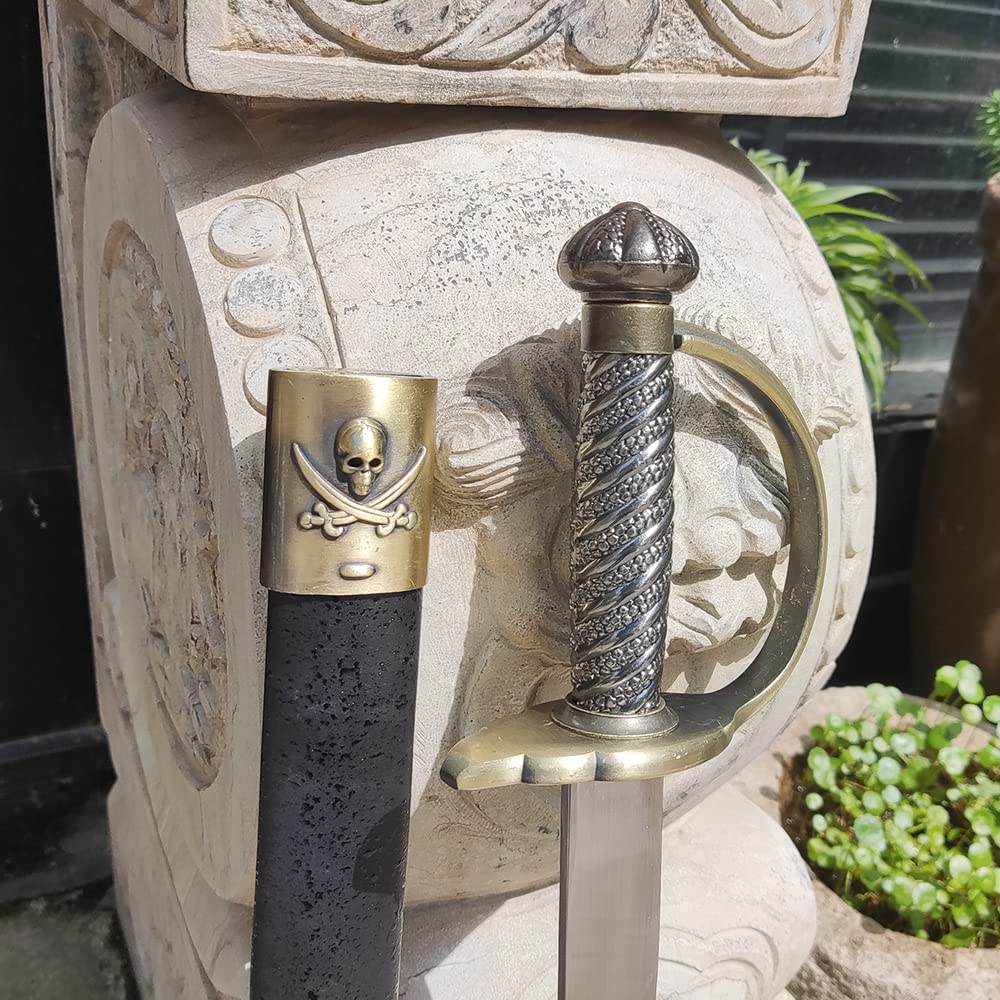 COSWOR 31.1" Metal Stainless Steel Caribbean Pirate Jack Sparrow's Cutlass Sword with Basket Guard, Brass Hilt for Cosplay, Collection, Gift